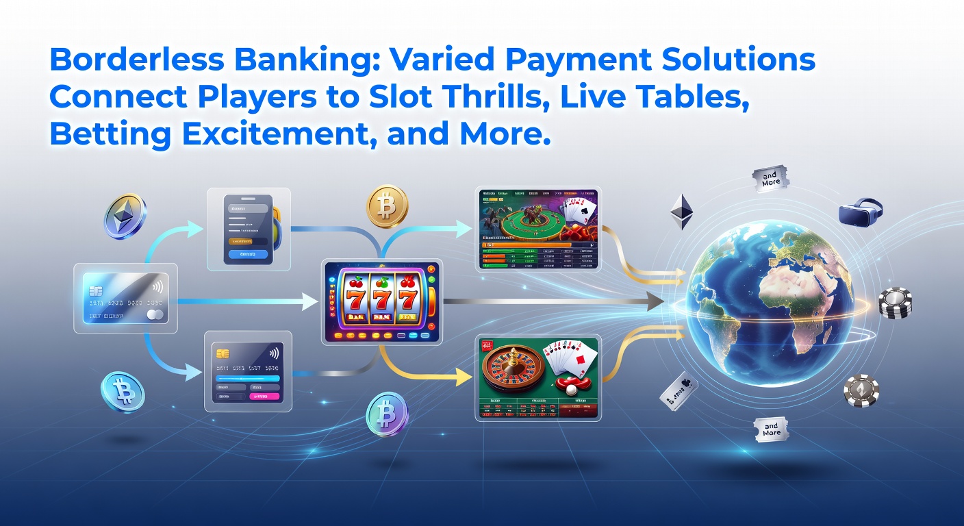 Global digital payment icons overlaying casino slot machines and live dealer tables, symbolizing seamless cross-border transactions in online gaming