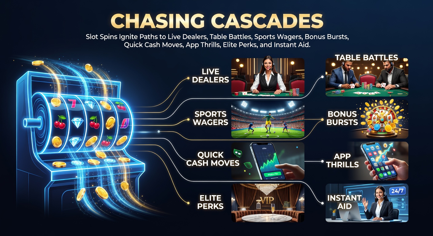 Vibrant slot machine cascades lighting up a digital screen, with pathways branching to live dealer tables, sports betting interfaces, and mobile app icons in a dynamic casino ecosystem