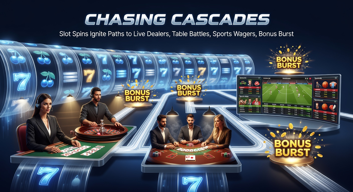 Dynamic illustration of a slot cascade triggering icons for sports bets, bonus explosions, quick cashouts, and VIP badges, all flowing into a mobile app interface
