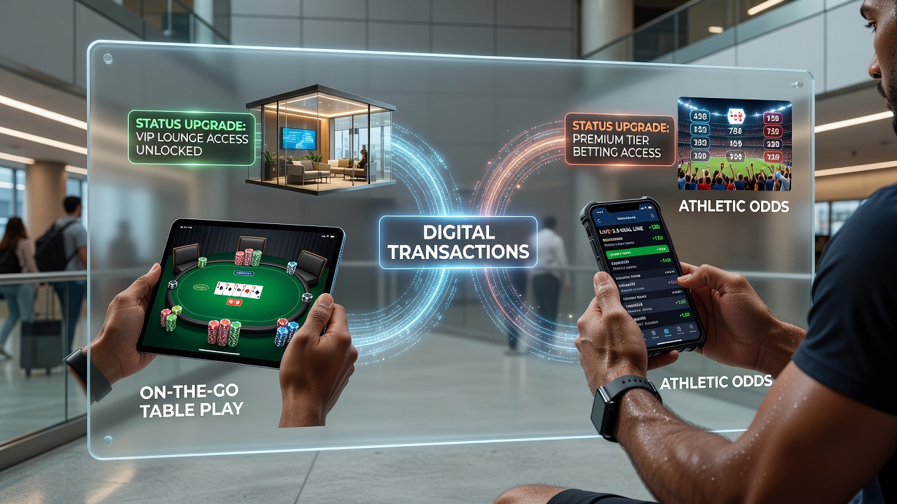 Split screen showing digital wallet transaction and VIP tier progress bar on a smartphone during sports betting session