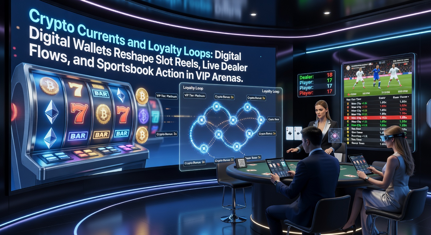 A sleek digital wallet app on a mobile screen displaying crypto balances, loyalty tokens, and quick links to slot games, live dealer tables, and sportsbook bets in a VIP casino interface