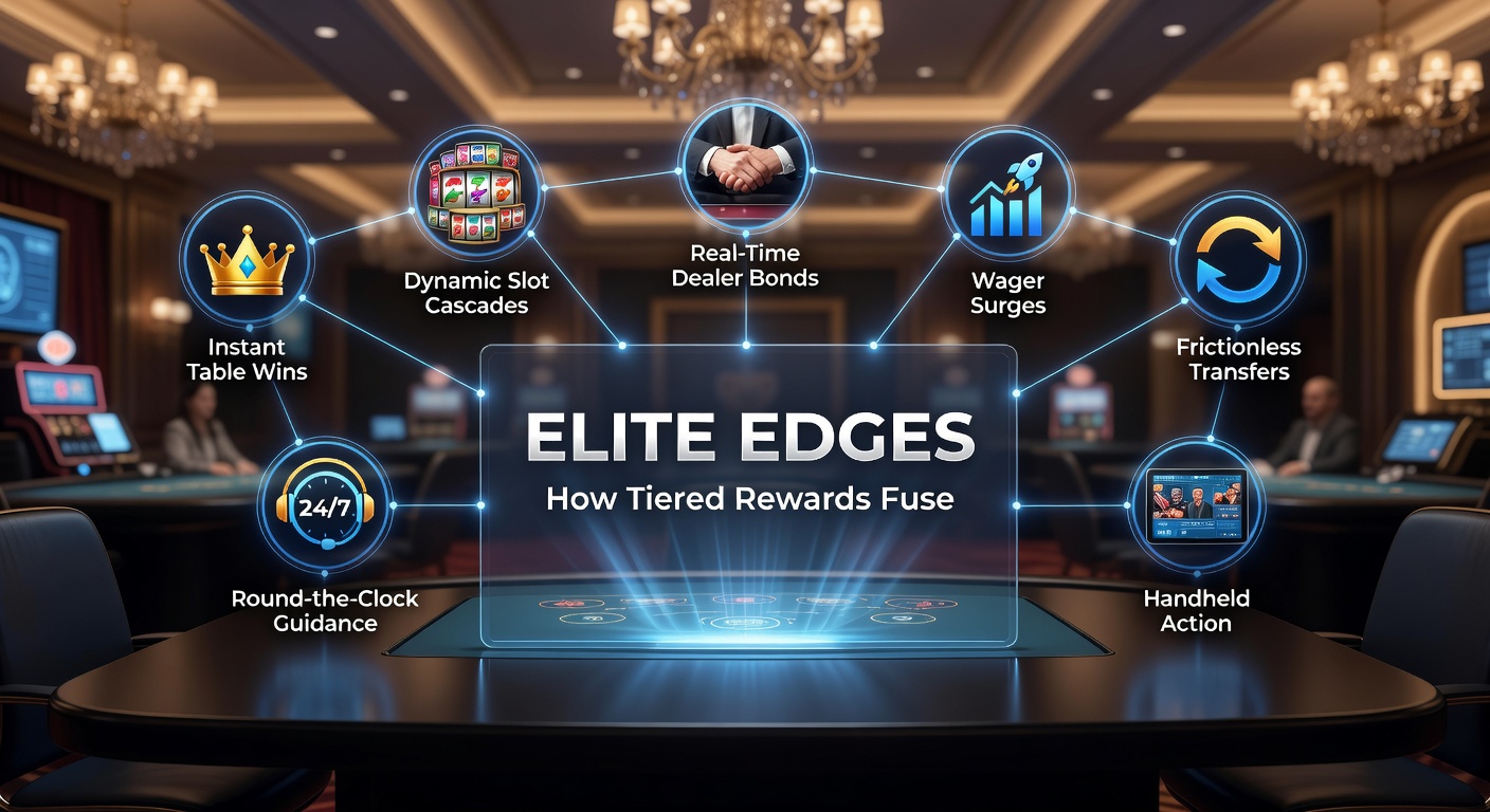 VIP players at a high-stakes table celebrating a win amid cascading slot reels and mobile screens displaying tiered rewards