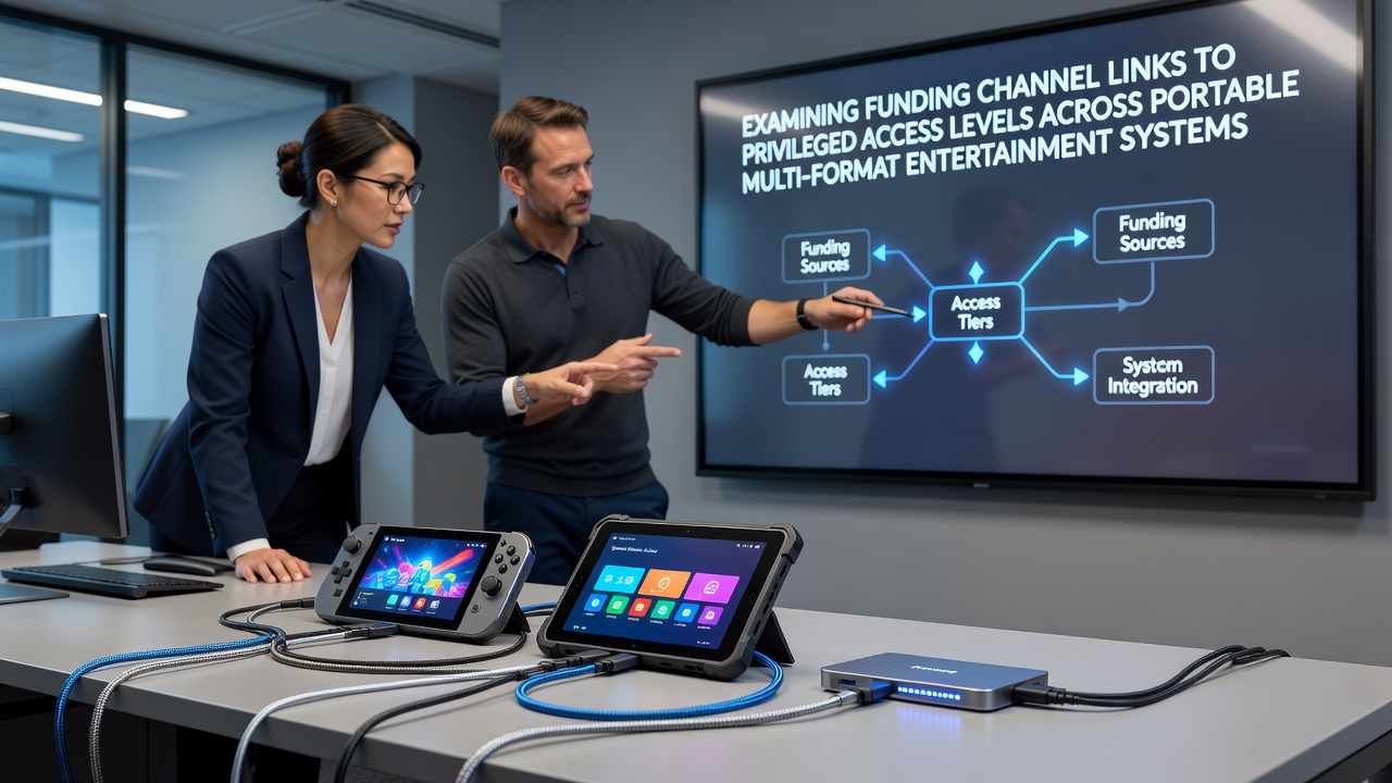 Overview of funding channels connecting to access tiers on portable entertainment devices showing mobile interfaces and payment flows