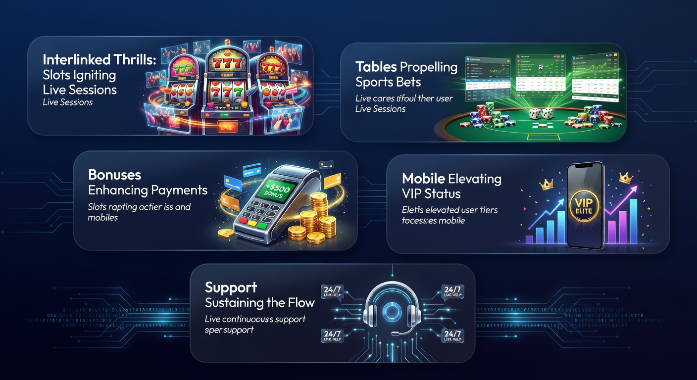 Dynamic online casino interface showing slots transitioning to live dealer tables and sports betting options