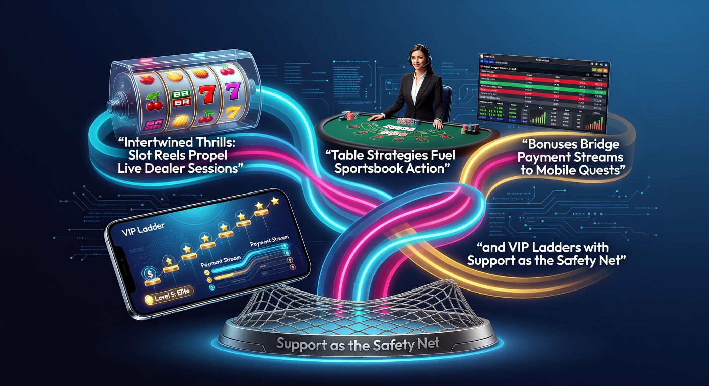 Vibrant online casino interface showing slot reels spinning alongside live dealer tables and sportsbook odds, illustrating seamless player transitions across games