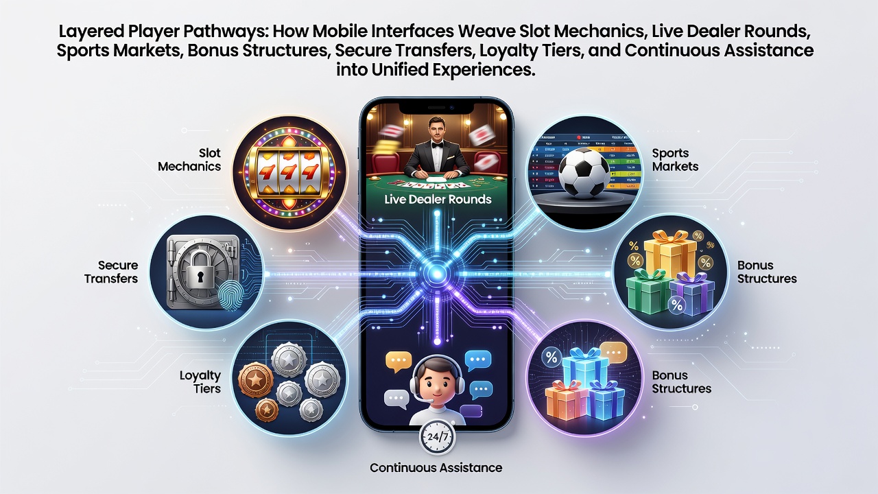 Mobile interface displaying integrated slot games, live dealer tables, and sports betting options on a single screen