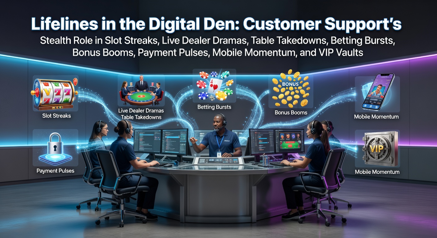 Illustration of a customer support agent assisting players through chat interfaces amid vibrant online casino games including slots and live dealer tables
