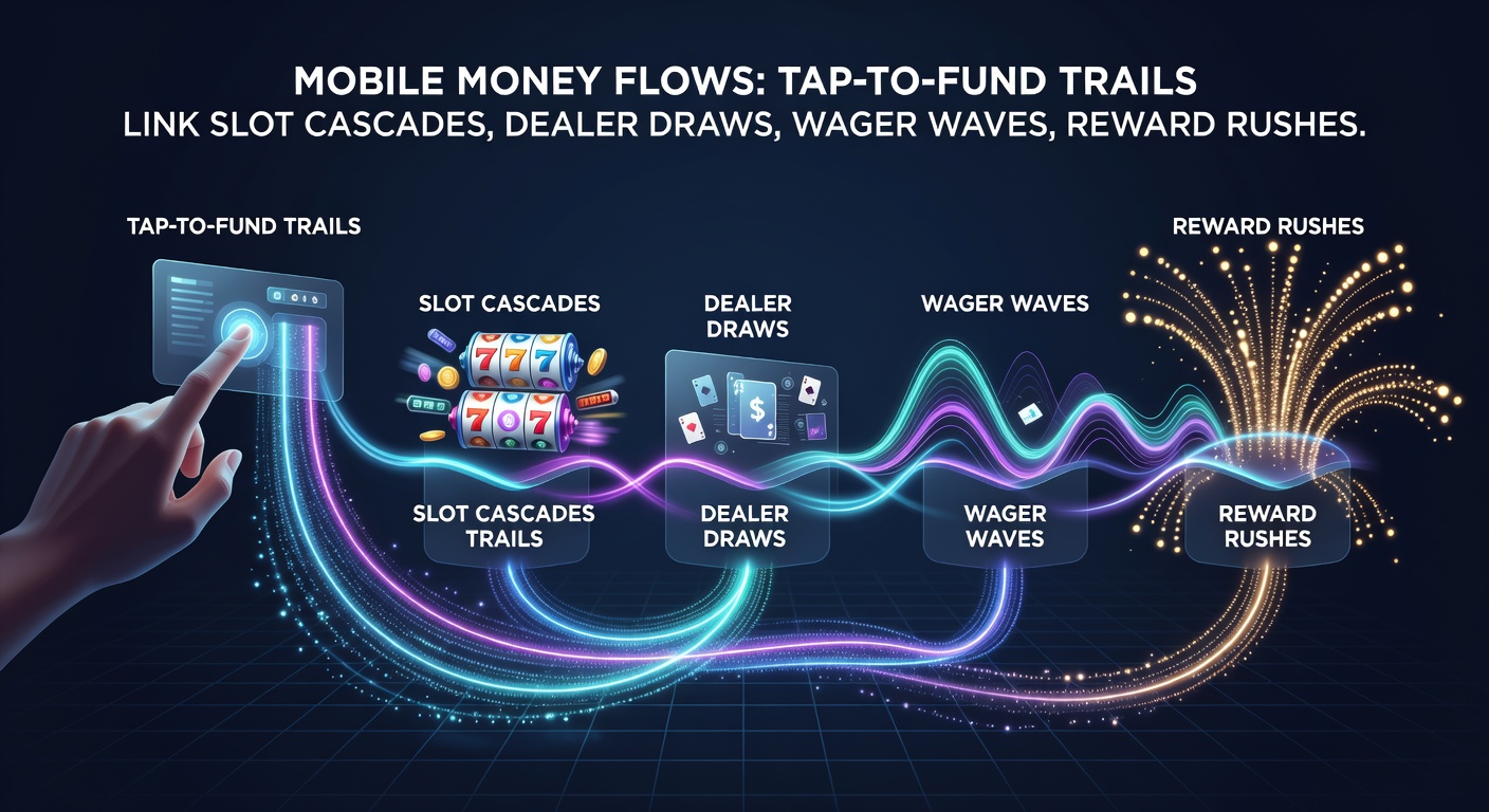 Close-up of a hand holding a phone over a contactless reader, with overlaid graphics showing funds flowing into live dealer blackjack, sports wager slips, and reward notifications