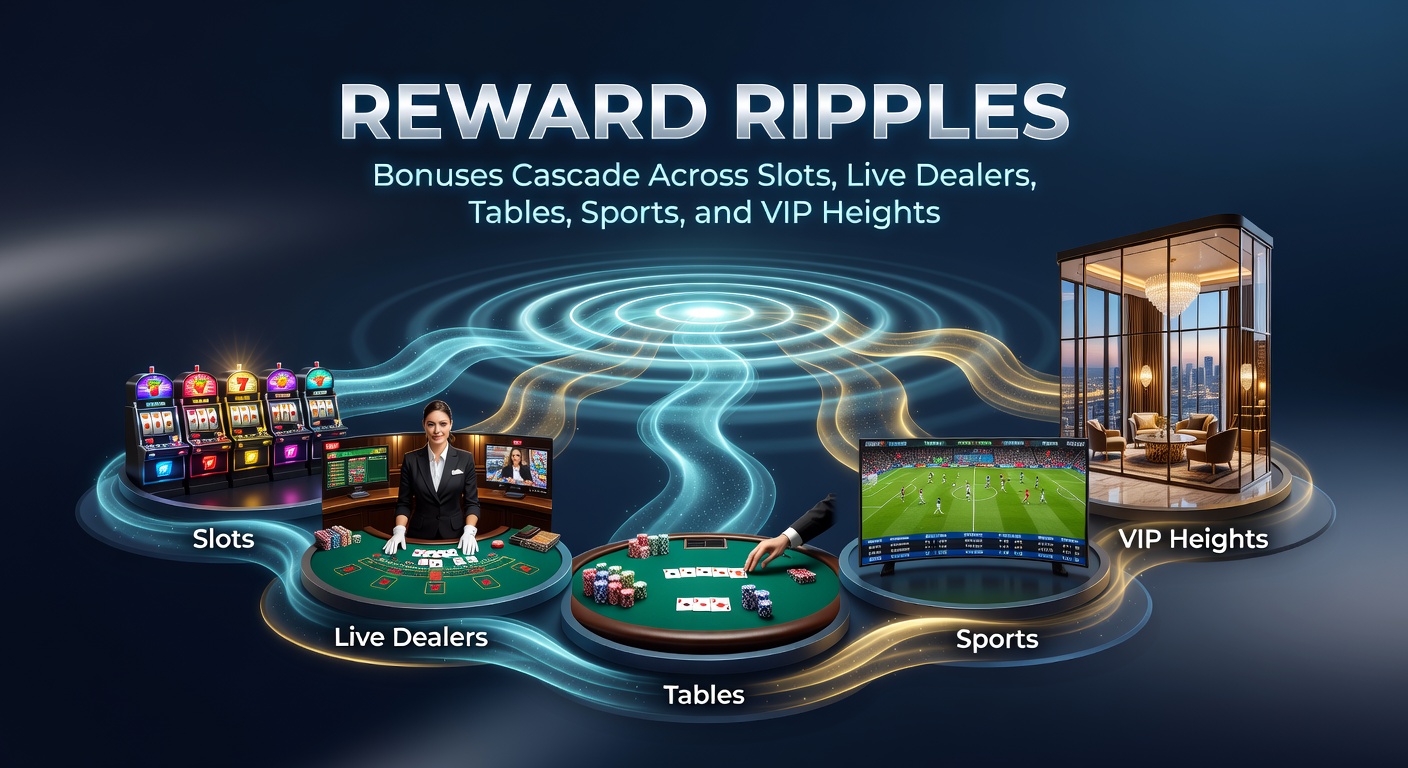 Vibrant cascade of golden bonus coins rippling from slot machines through live dealer tables, sports betting boards, and VIP lounges, illustrating interconnected reward systems in online casinos