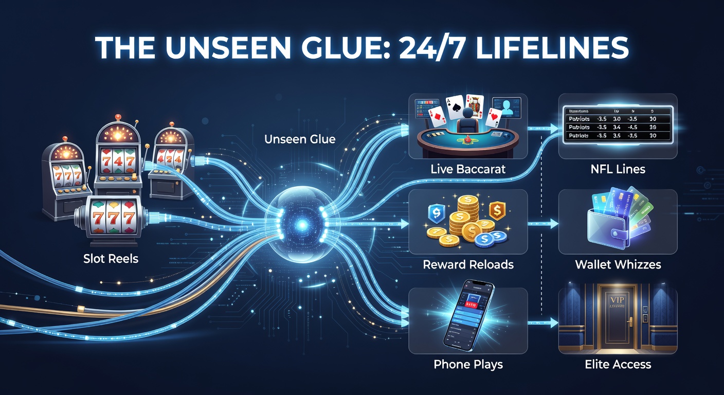 Dynamic online gaming interface showing seamless transitions between slot machines, live baccarat tables, NFL betting lines, and mobile wallet features under 24/7 support icons