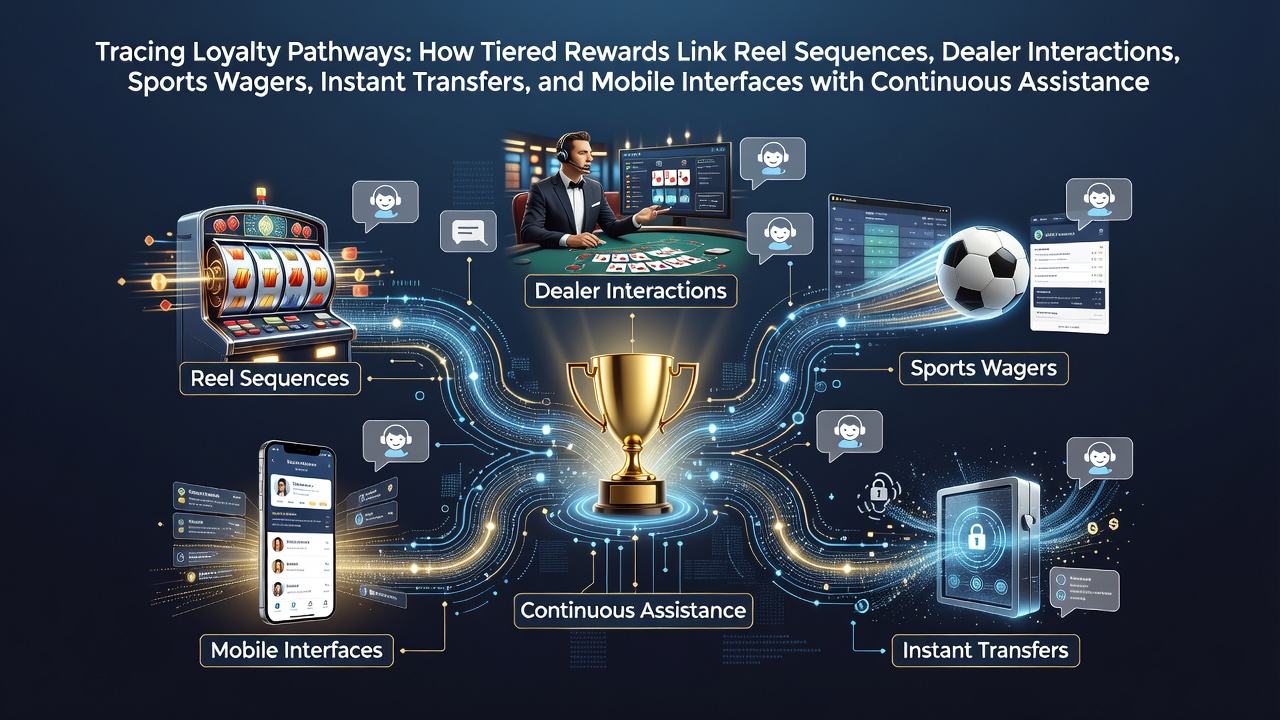 Illustration of tiered loyalty pathways connecting casino gaming elements
