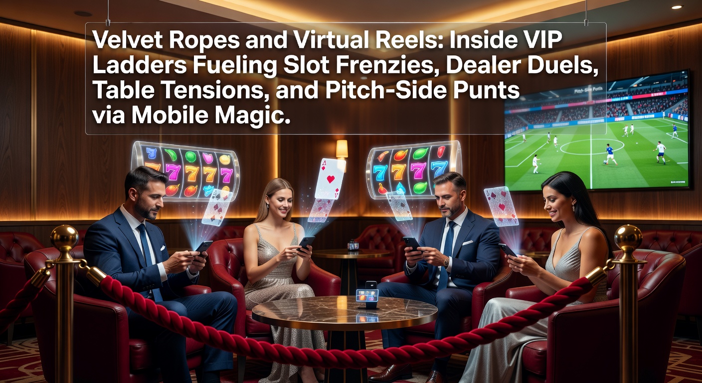 Glowing VIP lounge entrance with velvet ropes and mobile screens displaying slot reels and betting odds